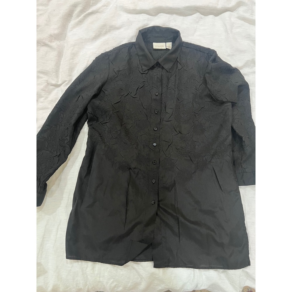 Chico's Black Crinkle Texture Button Down Tunic Top Long Sleeve Size 1 Large